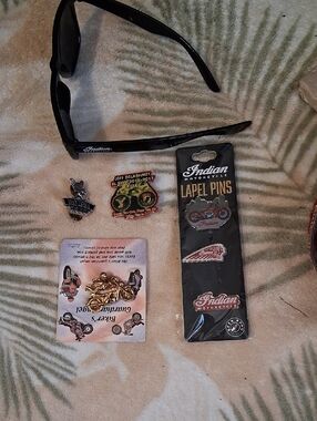 6 Biker Pins And Indian Motorcycle Sunglasses